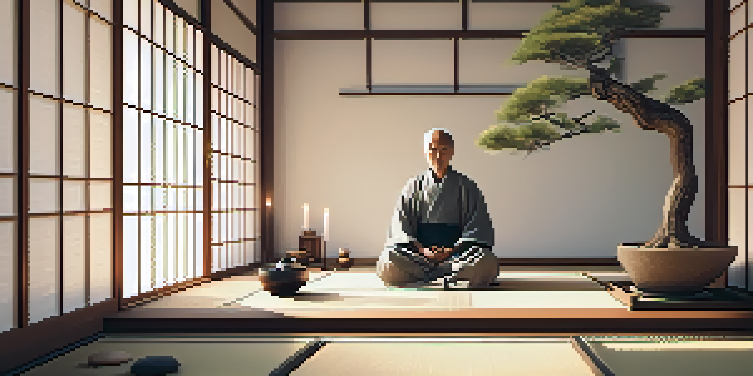A person meditating cross-legged in a peaceful room, with soft light coming through screens and a bonsai tree nearby.