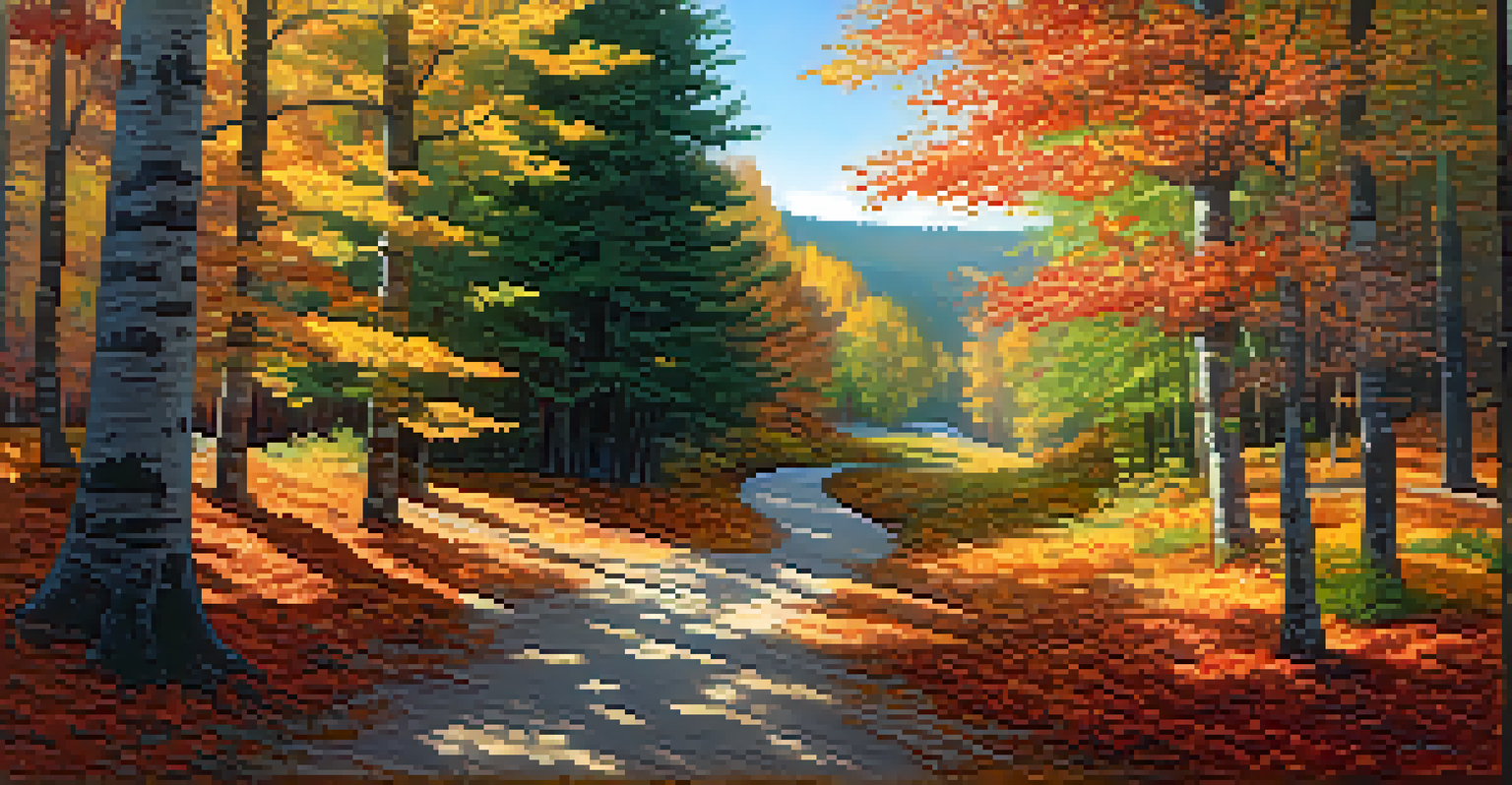 An aerial view of a colorful autumn forest with a winding path inviting exploration.