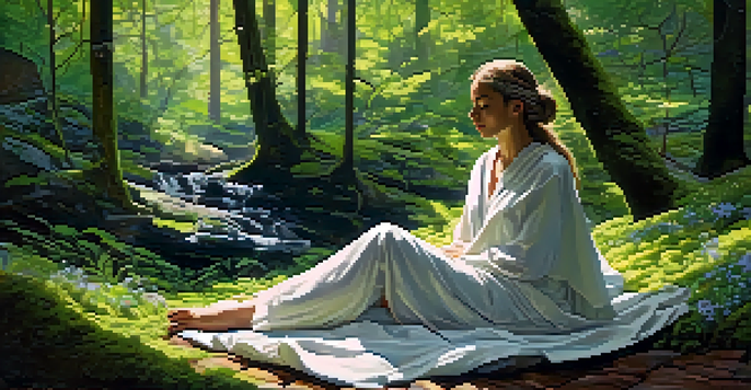 A peaceful figure meditating in a lush forest, surrounded by wildflowers and sunlight filtering through the trees.