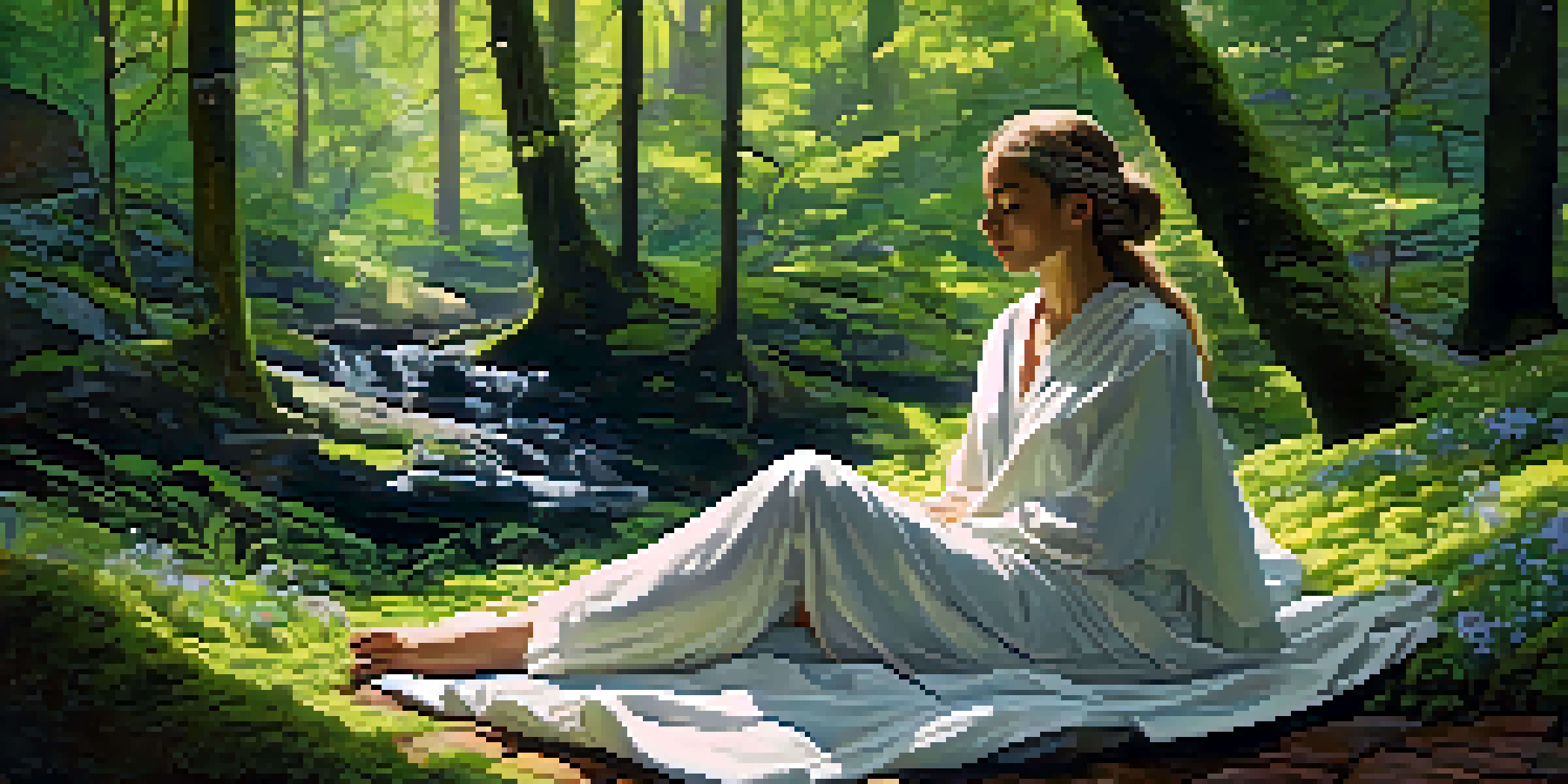 A peaceful figure meditating in a lush forest, surrounded by wildflowers and sunlight filtering through the trees.