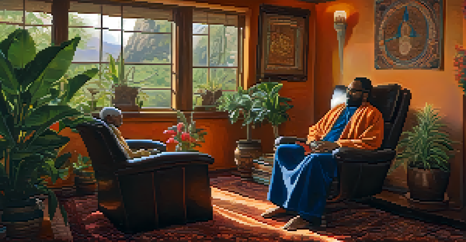 A spiritual leader sharing their journey with followers in a cozy, warmly lit room.