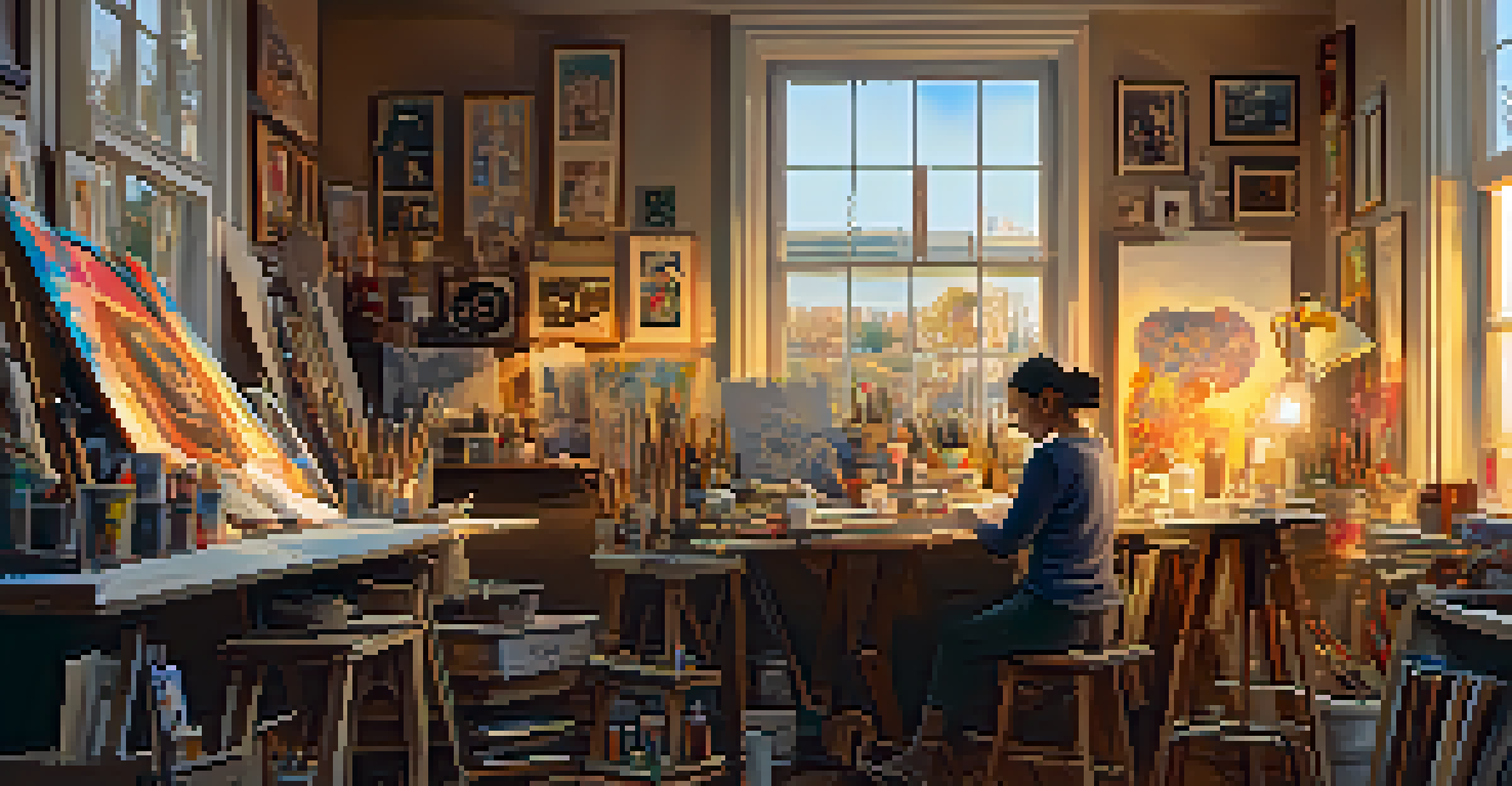 A warm art studio with an artist at a table, surrounded by canvases and art supplies, illuminated by sunlight.
