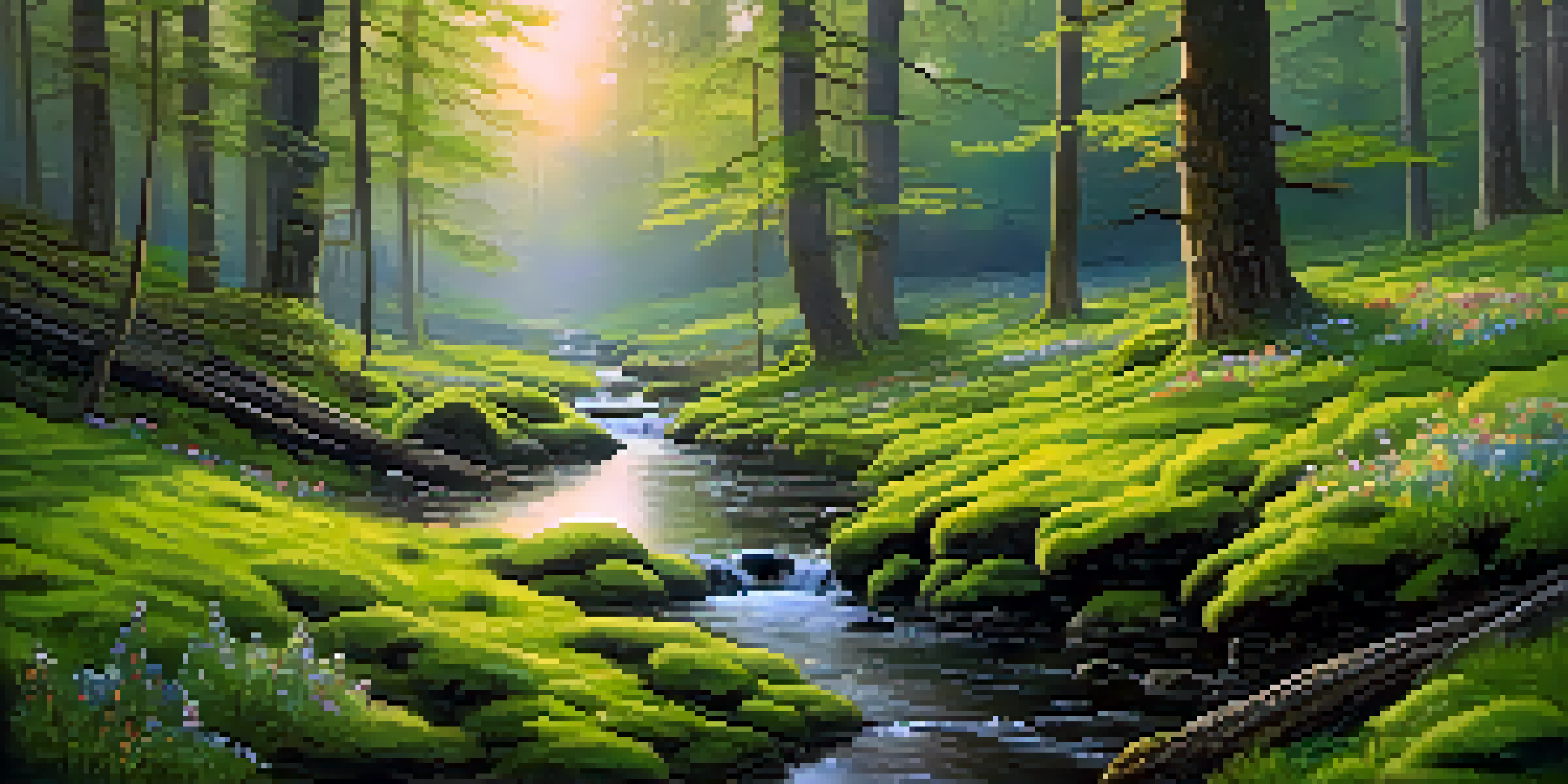 A peaceful forest with sunlight shining through the trees, a stream flowing, and colorful flowers blooming on the ground.