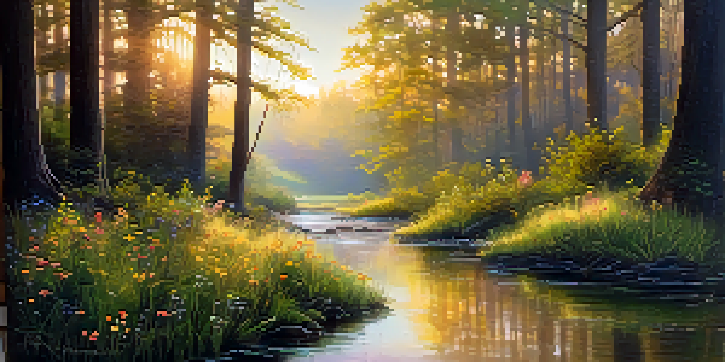 A tranquil forest at sunrise with sunlight streaming through trees and a stream reflecting the golden light, surrounded by colorful wildflowers.