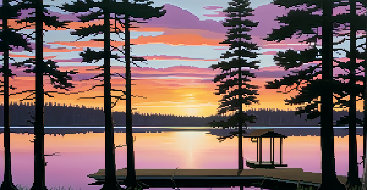 A beautiful lakeside at sunset with colorful reflections and silhouettes of pine trees.