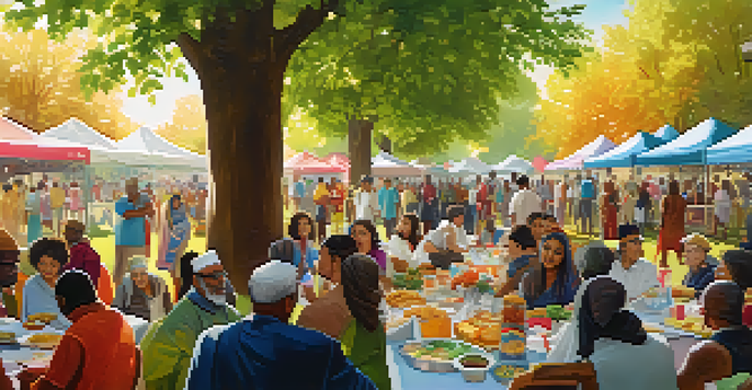 A diverse group of people participating in a charity event in a park, surrounded by food tables and colorful banners.