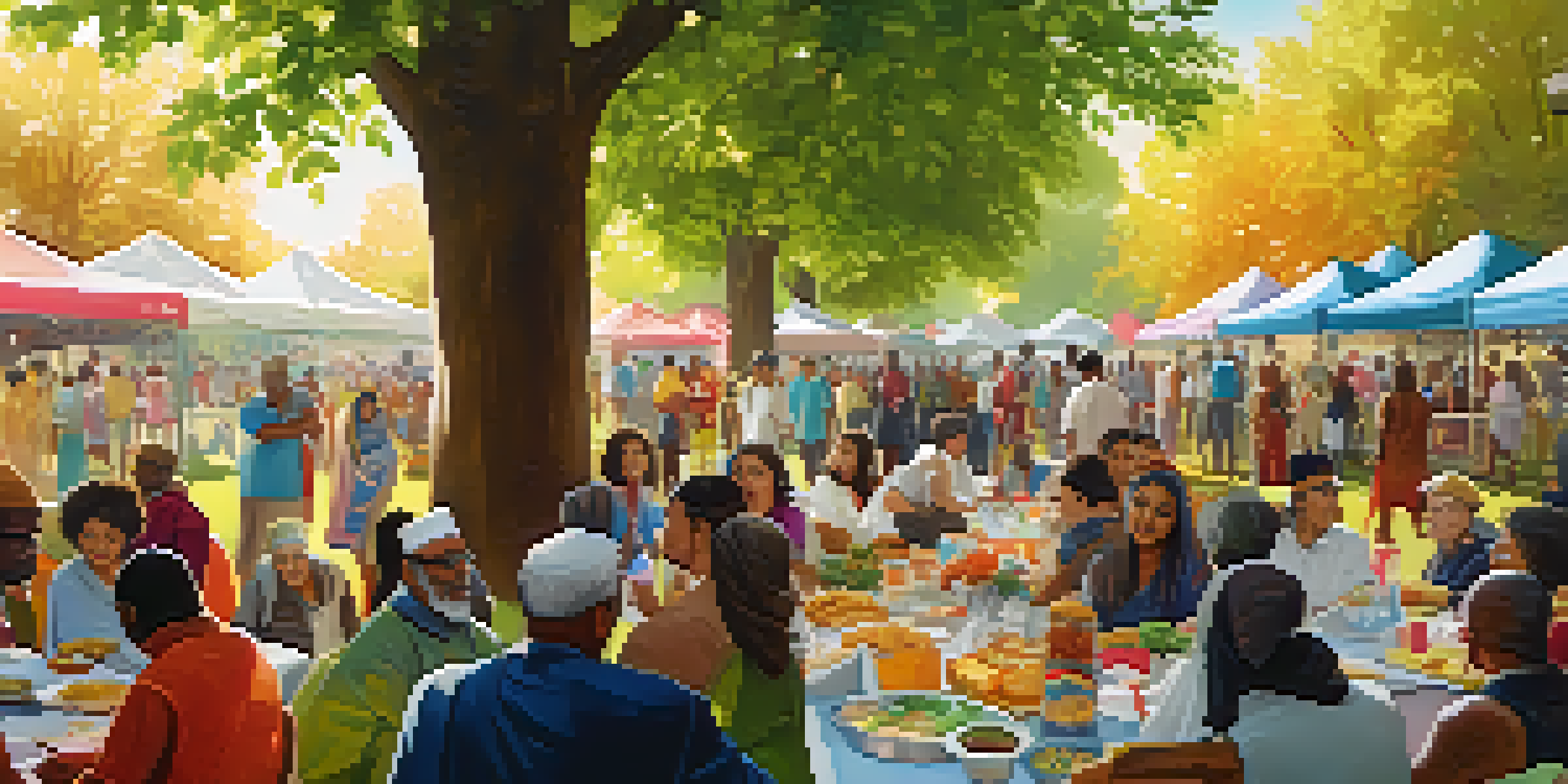 A diverse group of people participating in a charity event in a park, surrounded by food tables and colorful banners.