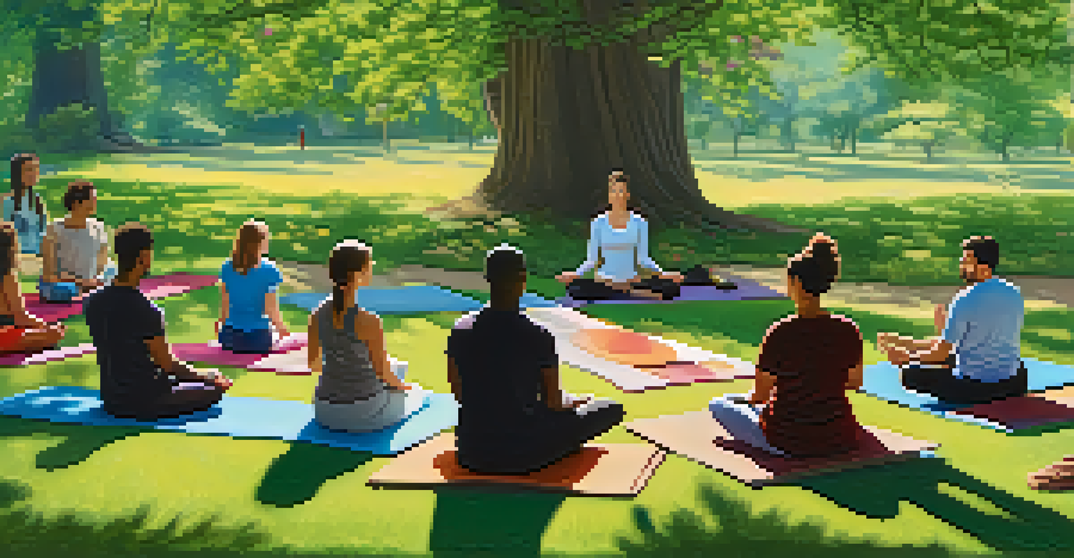A group of diverse individuals meditating together in a park, surrounded by nature and blooming flowers.