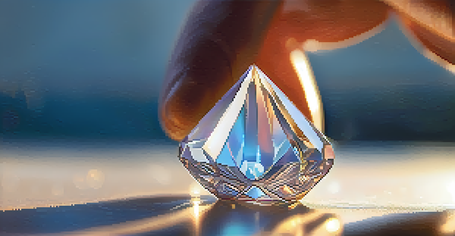 A hand holding a glowing crystal in soft light, highlighting the crystal's patterns and colors.