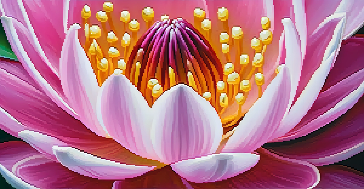 A close-up of a blooming lotus flower with pink and white petals, surrounded by green leaves and water droplets, illuminated by soft sunlight.
