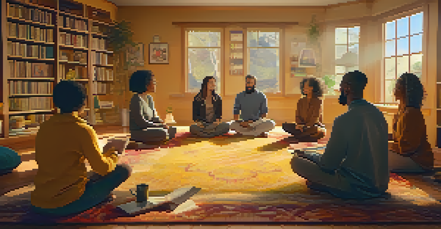 A cozy living room with a large screen displaying diverse individuals in a virtual spiritual workshop.