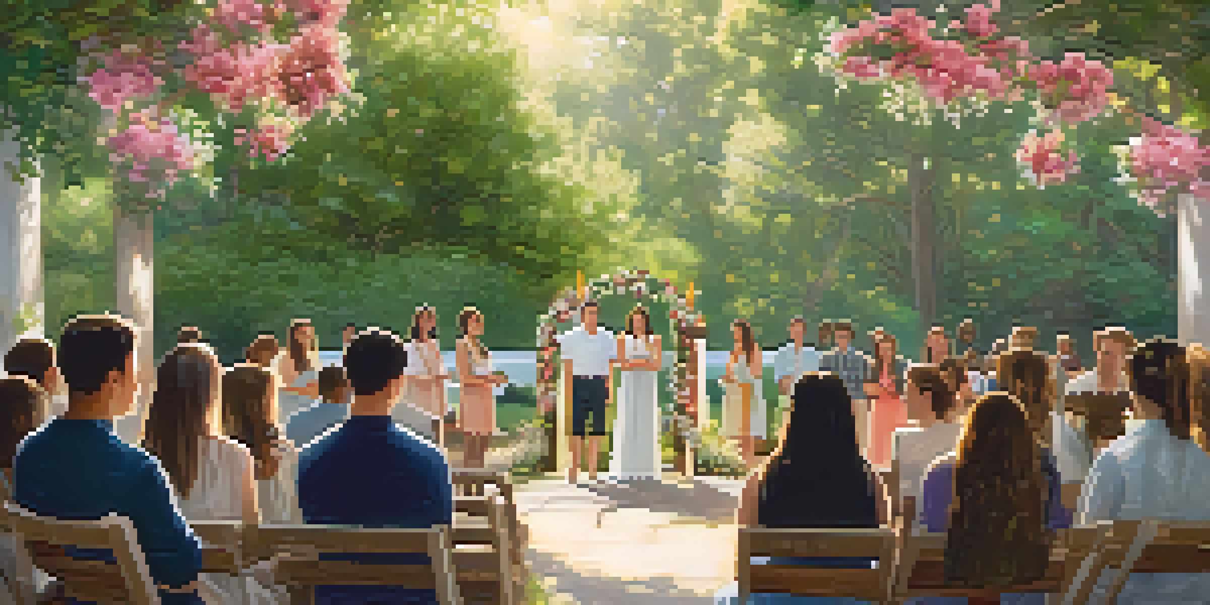 A young adult celebrating a rite of passage surrounded by loved ones in a nature setting, with floral decorations and warm sunlight.