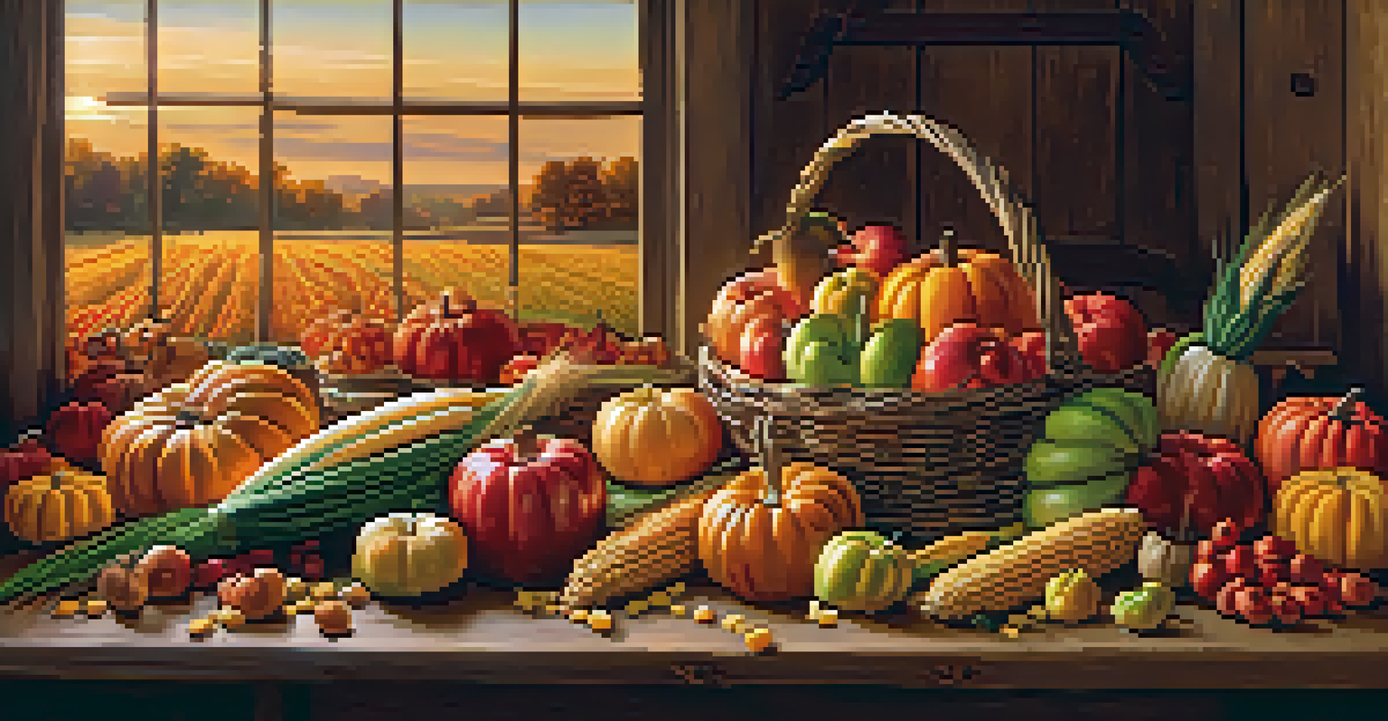 A rustic wooden table filled with autumn harvest produce like pumpkins and apples, set against a golden sunset backdrop over a field.