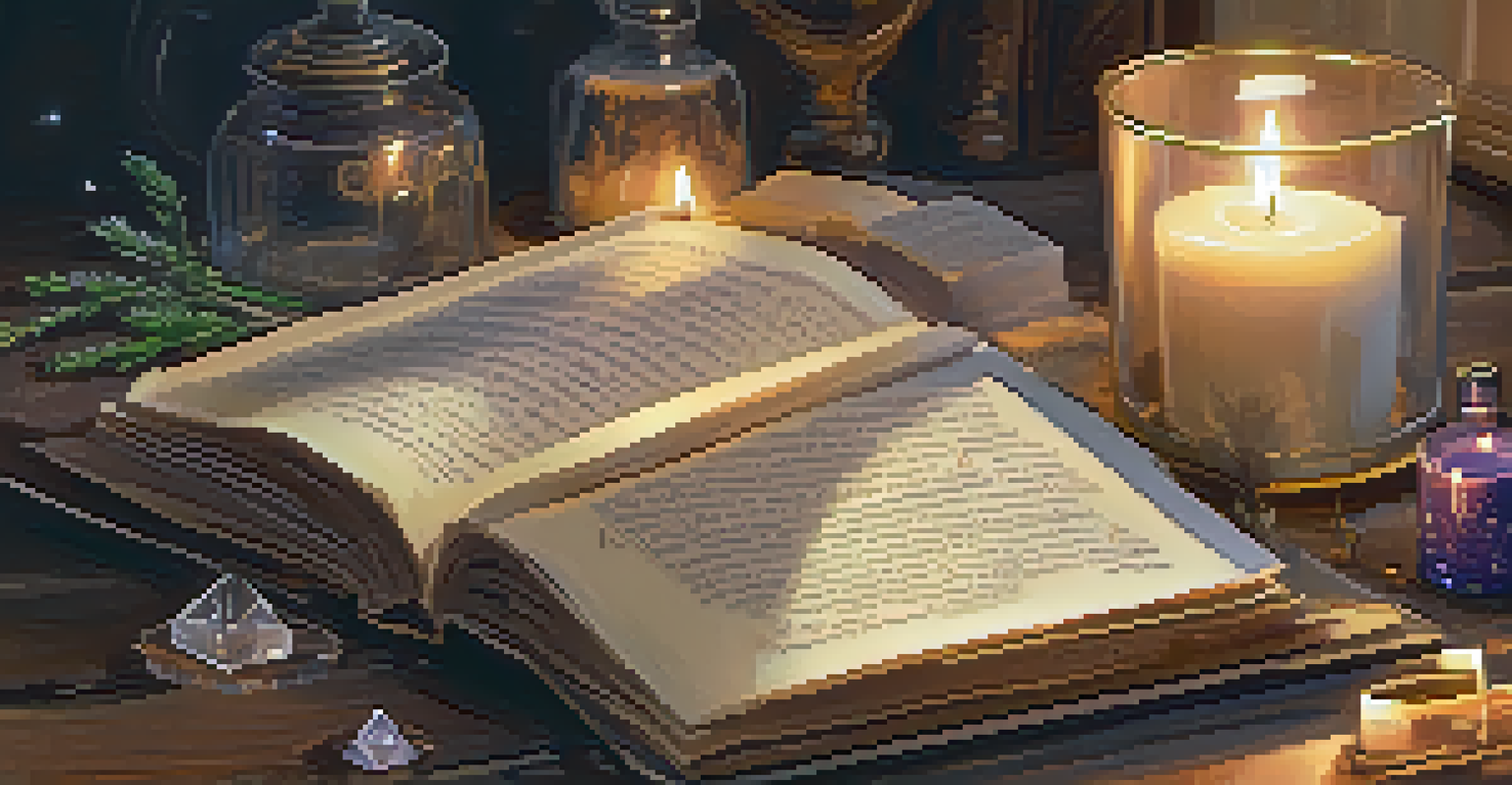 An open book with notes about spirituality on a wooden table, surrounded by candles and tea.