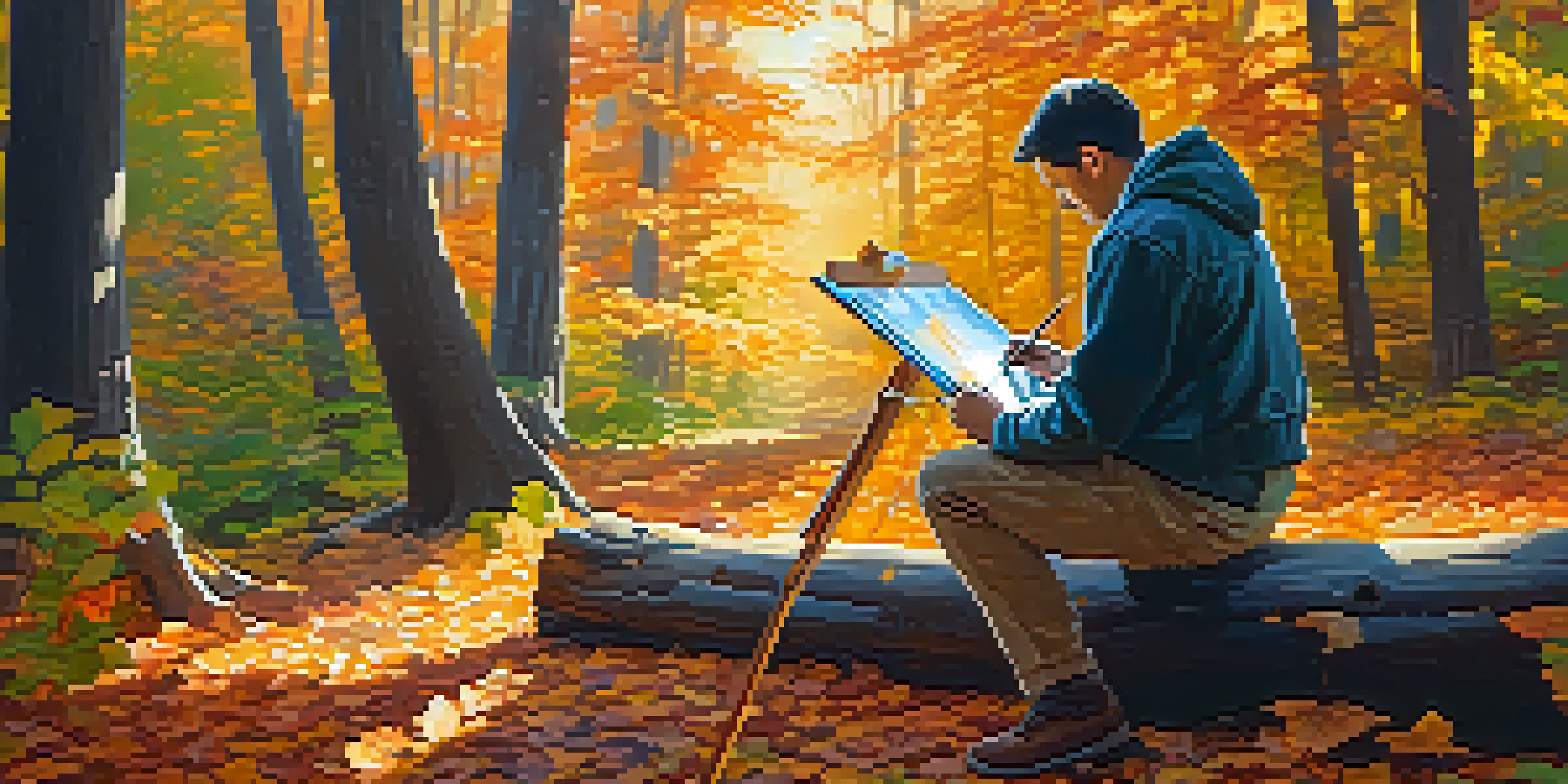 A painter in a beautiful autumn forest, painting a landscape as sunlight filters through the trees.