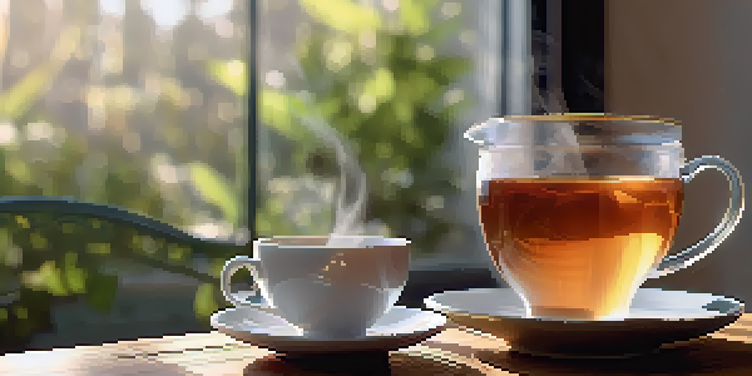 A close-up of a steaming cup of tea on a wooden table with sunlight filtering through a window, creating a peaceful atmosphere.
