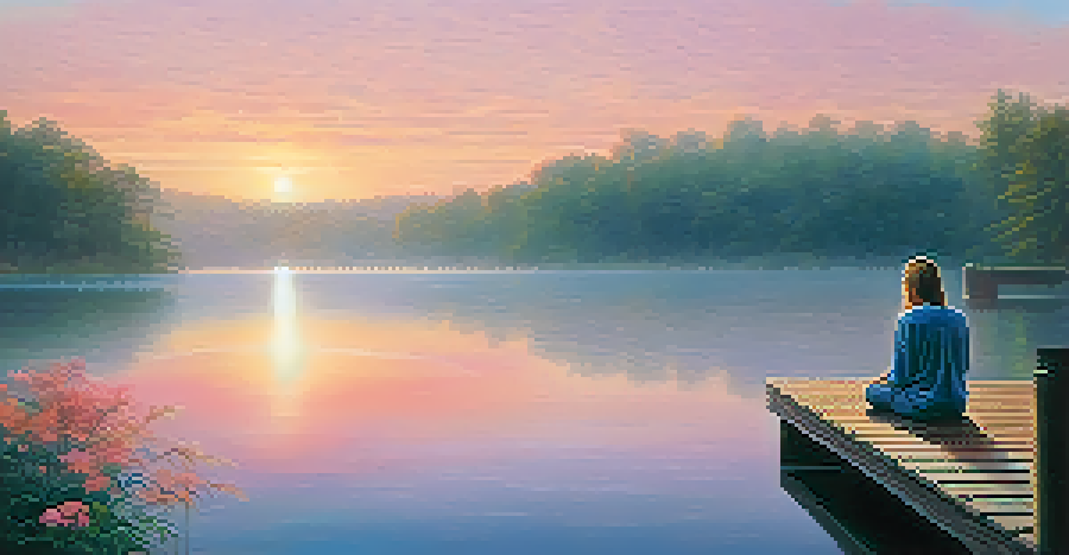 A person meditating on a wooden dock at sunrise, with a calm lake reflecting colorful skies and surrounded by greenery.