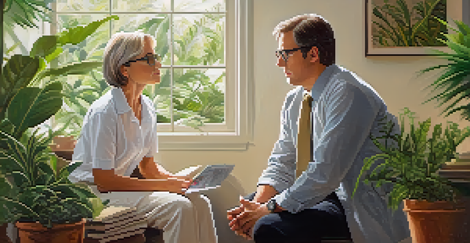 A therapist and client engaged in a conversation in a cozy, well-lit room with plants and calming decor.
