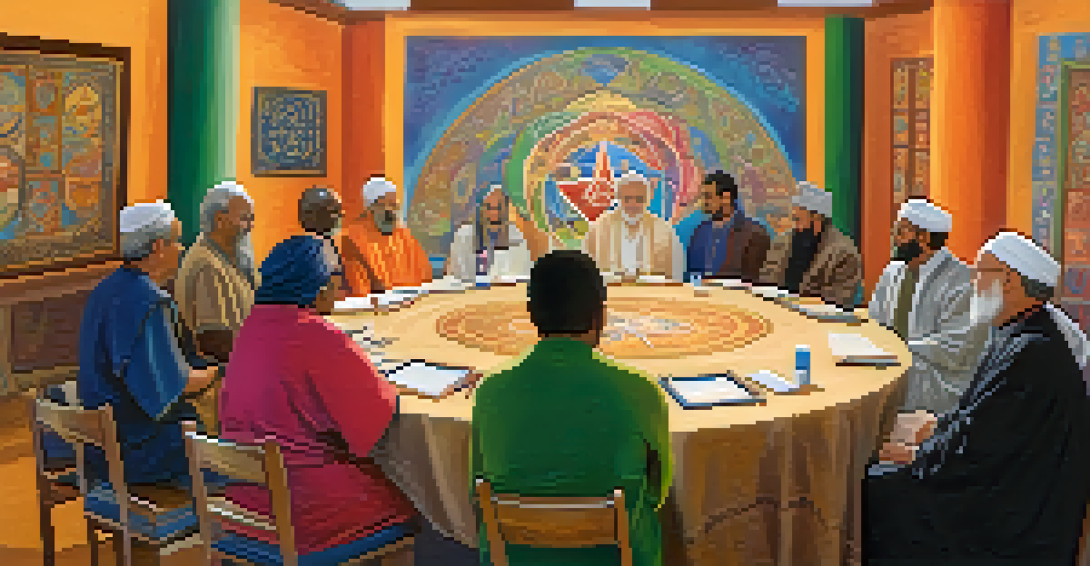 A diverse group of spiritual leaders seated at a round table in a community center, engaged in dialogue, with symbols from various faiths displayed around them.