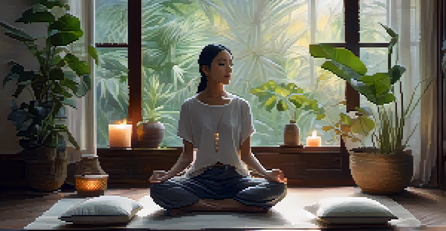 A close-up of a person with a serene expression, practicing mindful breathing in a softly lit, cozy room.