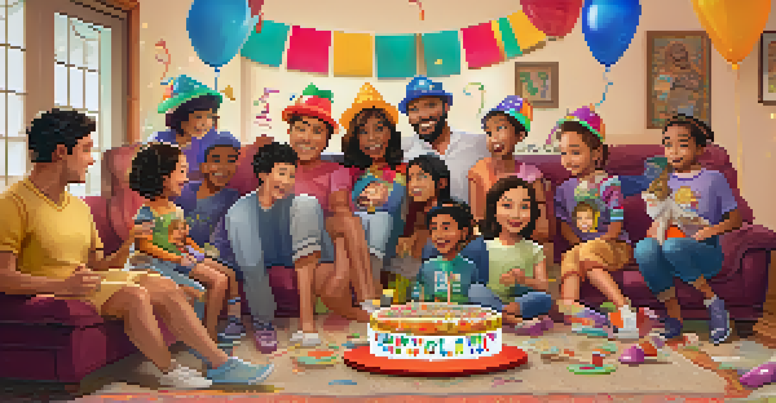 A virtual family reunion with everyone in themed attire and a colorful banner.