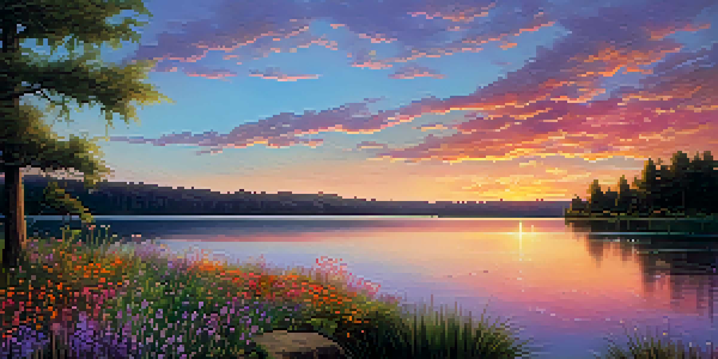 A tranquil lake surrounded by green forests at sunset, with vibrant colors reflecting on the water and wildflowers in the foreground.