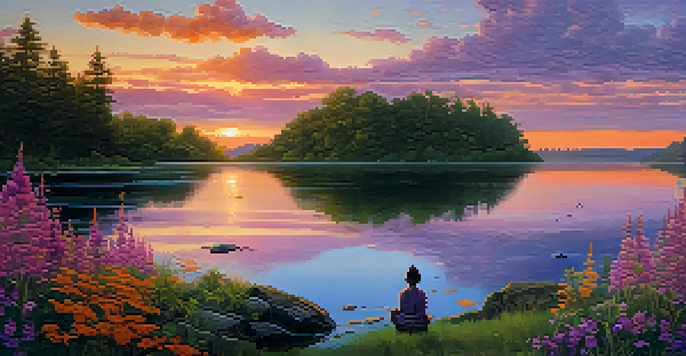 A person meditating on a rock by a tranquil lake during sunset, surrounded by greenery and wildflowers.