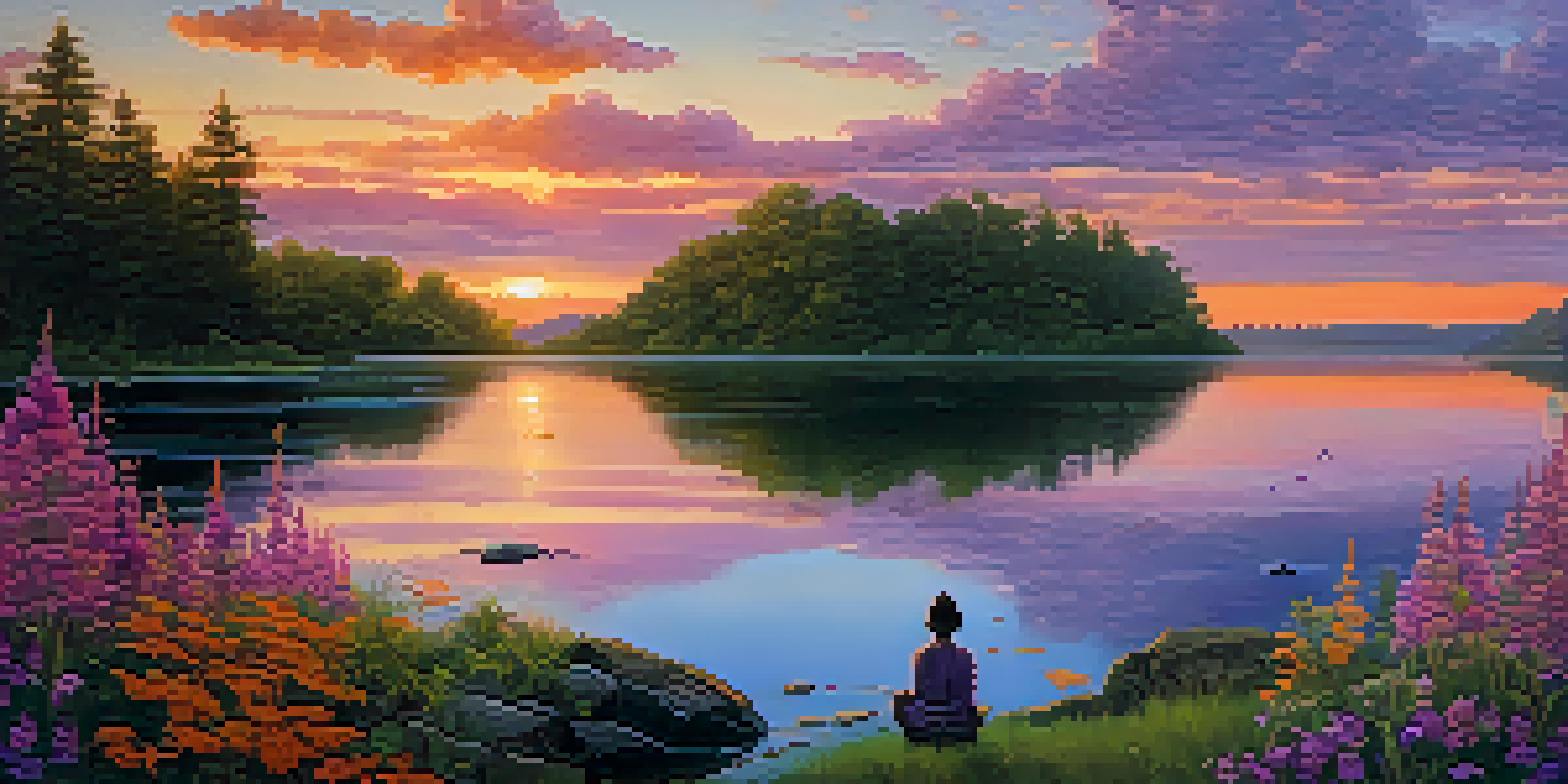 A person meditating on a rock by a tranquil lake during sunset, surrounded by greenery and wildflowers.