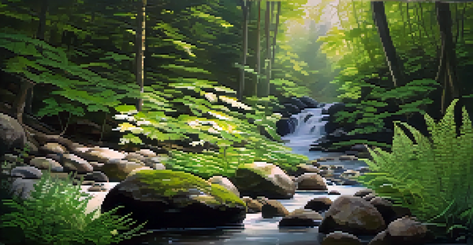 A tranquil forest scene with sunlight filtering through the trees and a gentle stream flowing over smooth stones.