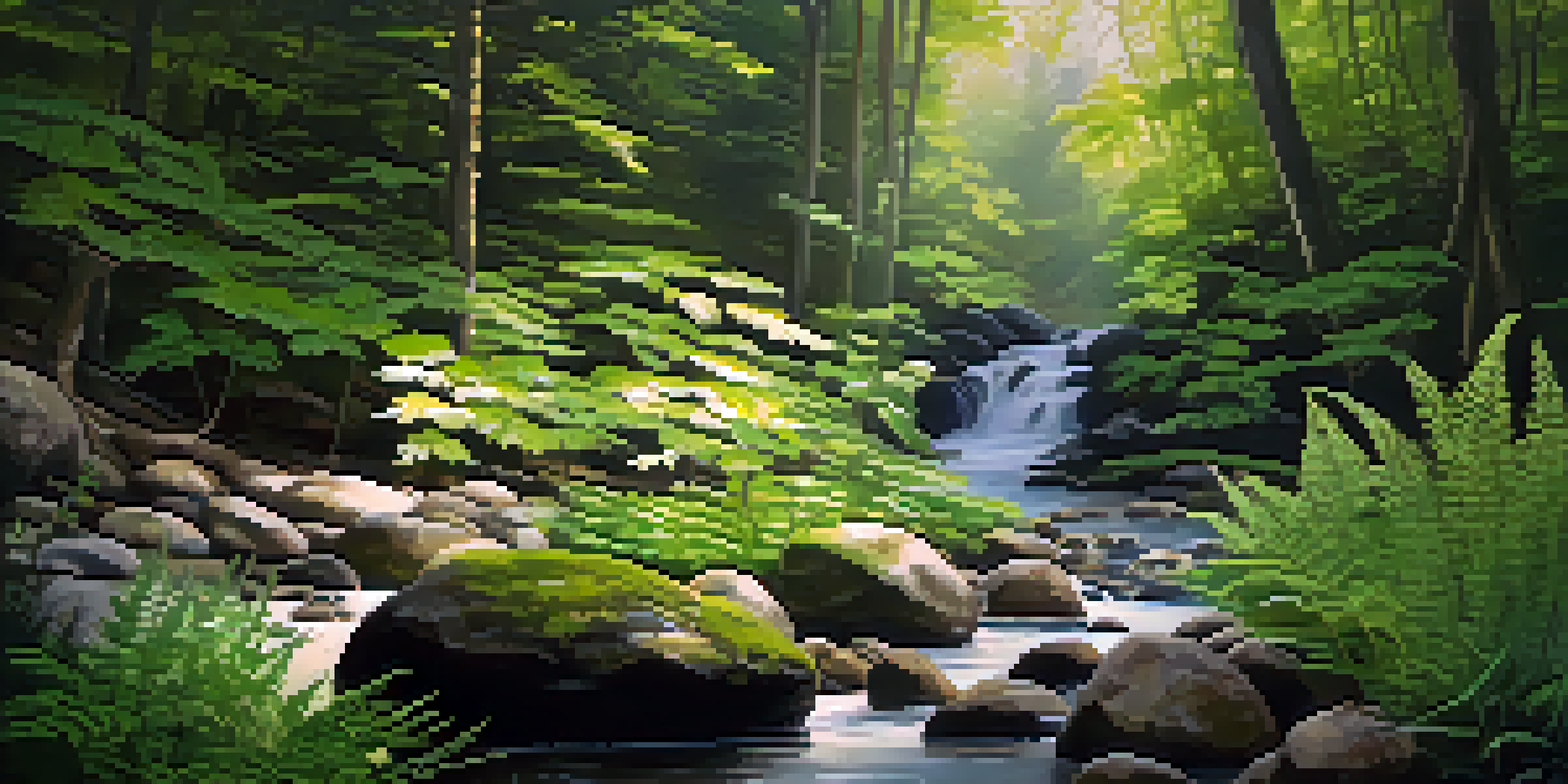 A tranquil forest scene with sunlight filtering through the trees and a gentle stream flowing over smooth stones.