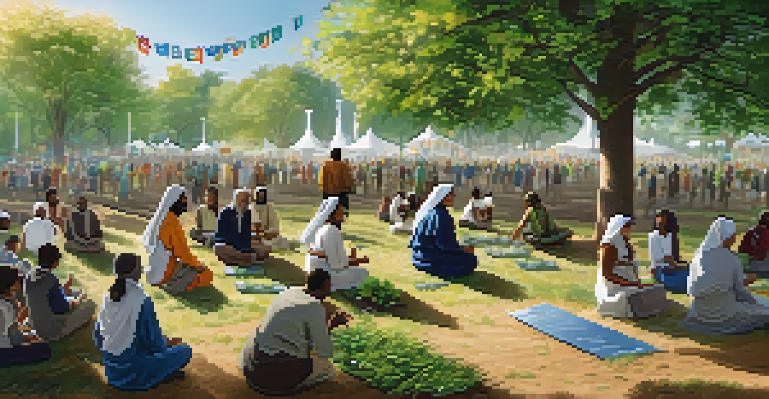 A diverse group of people planting trees together in a park during an interfaith gathering, with banners promoting peace in the background.
