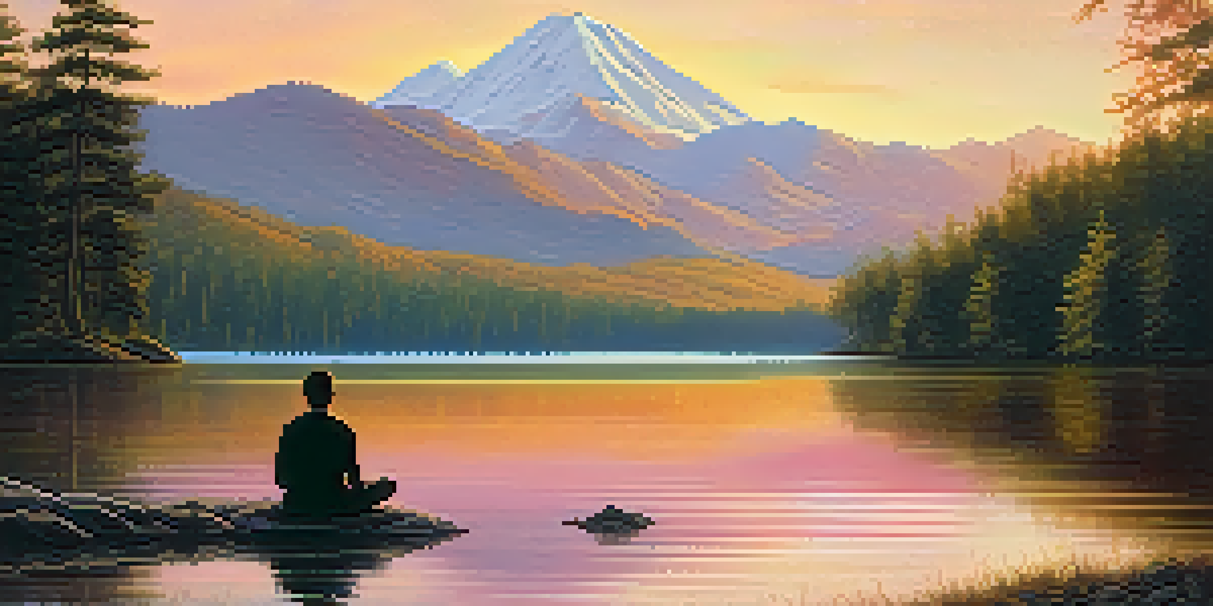 A peaceful lake at sunset with a person meditating by the shore surrounded by nature.