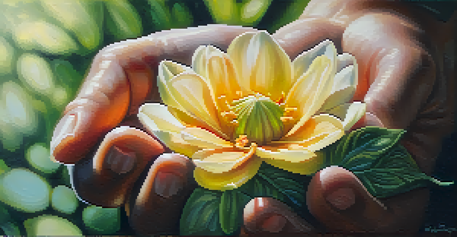 Close-up of hands holding a blooming flower with a blurred natural background, symbolizing connection to nature.