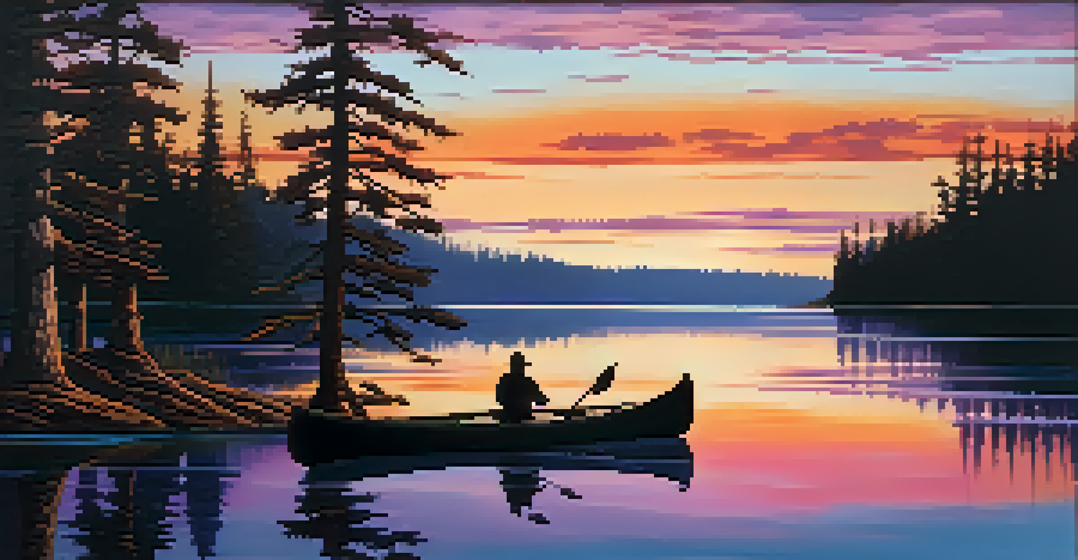 A calm lake at sunset with colorful reflections and silhouettes of pine trees, featuring a canoe on the water.