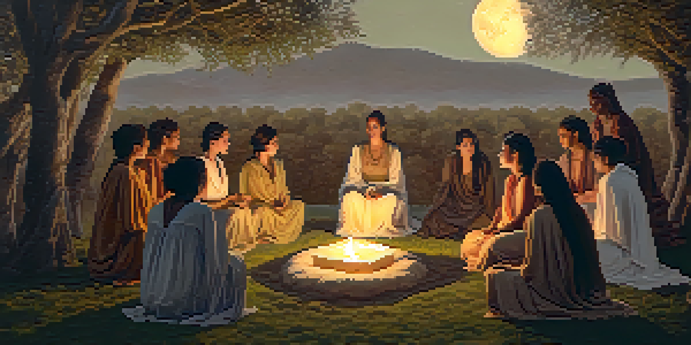 A group of diverse women participating in a spiritual ritual outdoors under a full moon, surrounded by trees and flowers, with warm candlelight illuminating the scene.