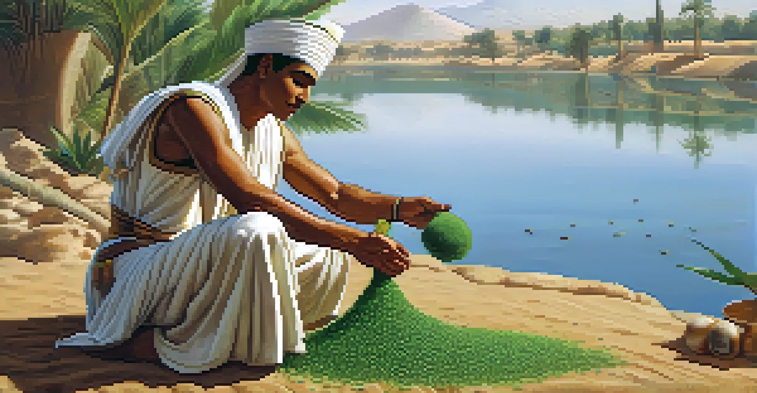 An ancient Egyptian farmer planting seeds with the Nile River in the background, illuminated by soft light, showcasing a blend of agriculture and spirituality.
