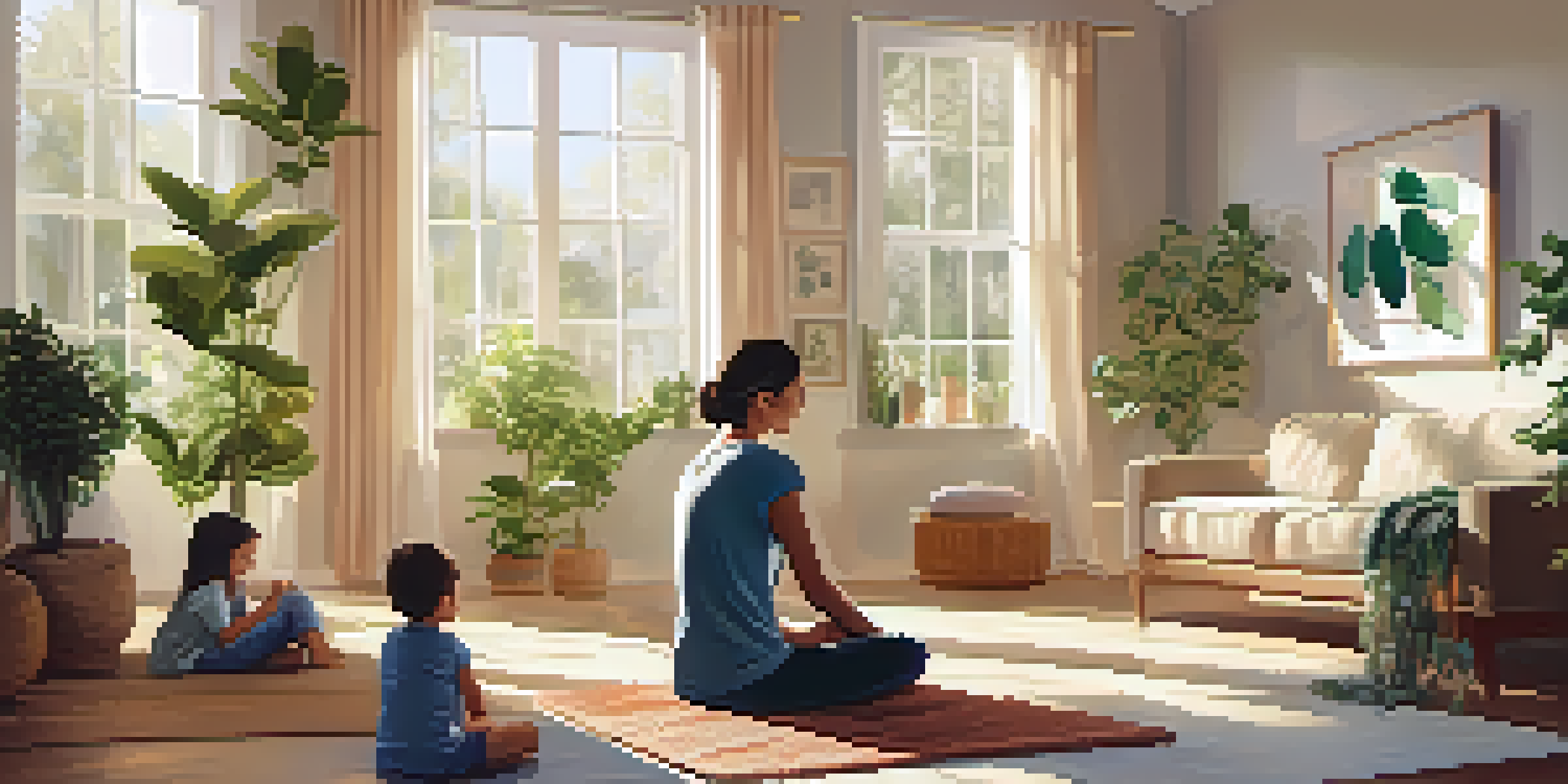 A family meditating together in a bright living room filled with plants and cushions, showcasing a moment of mindfulness.