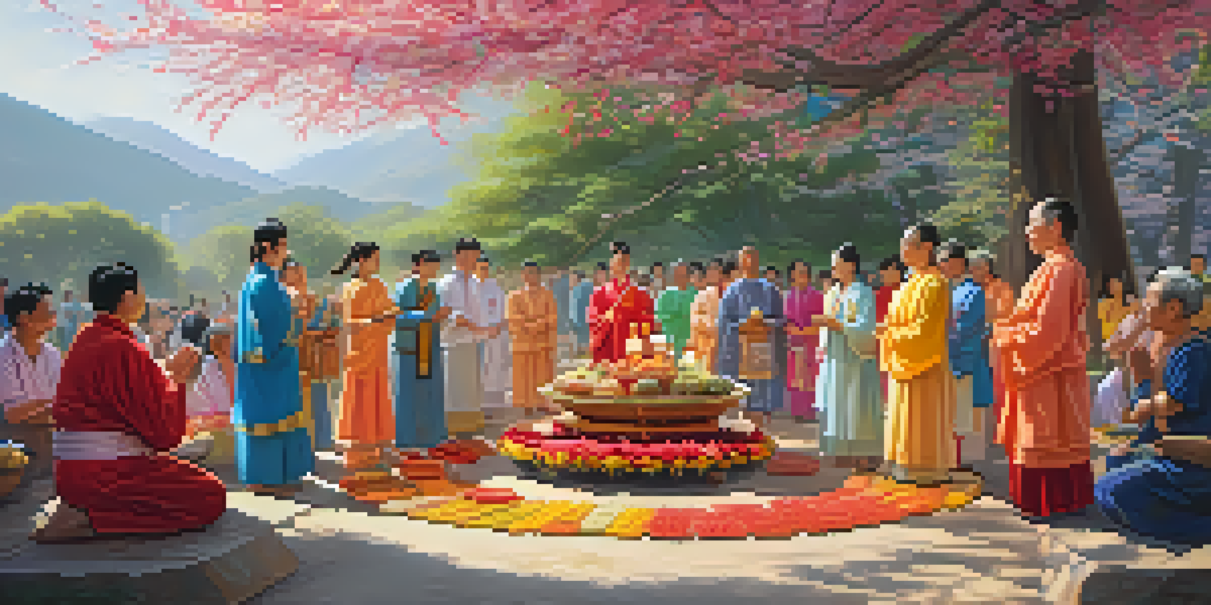A diverse group of people in colorful traditional attire participating in a spring festival ritual outdoors, surrounded by flowers and sunlight.