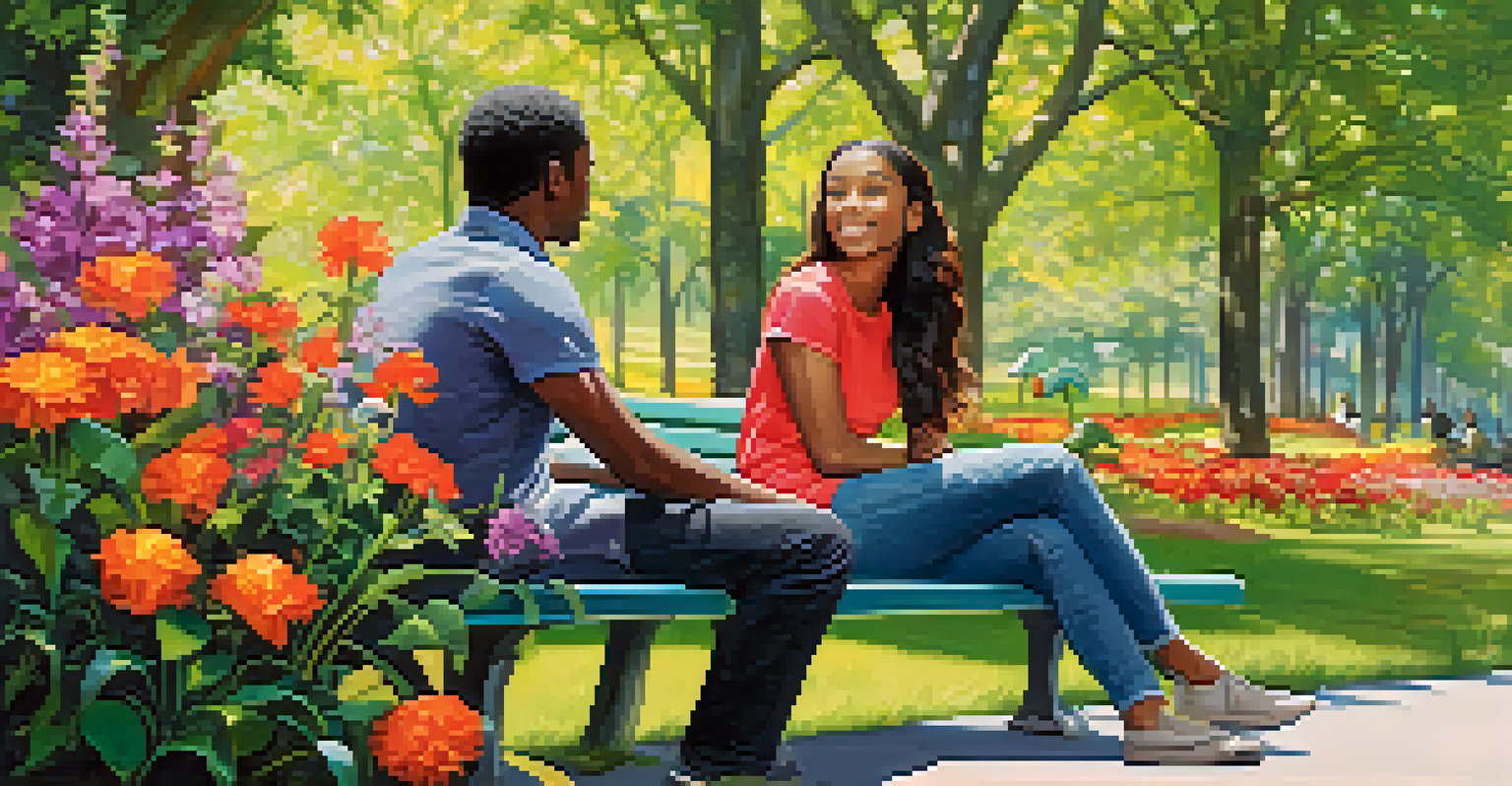 Two people on a bench, one speaking while the other listens attentively amidst a lush green park.