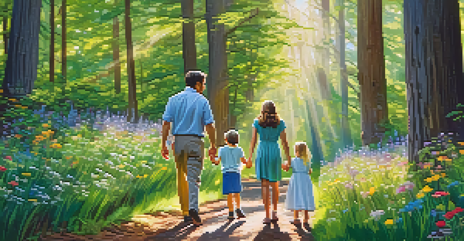 A family enjoying a nature walk together in a lush forest with sunlight filtering through the trees.