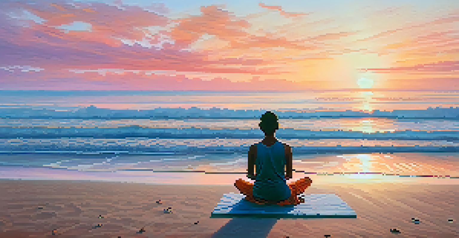 A person meditating on the beach in Bali at sunrise, with colorful skies and gentle ocean waves.