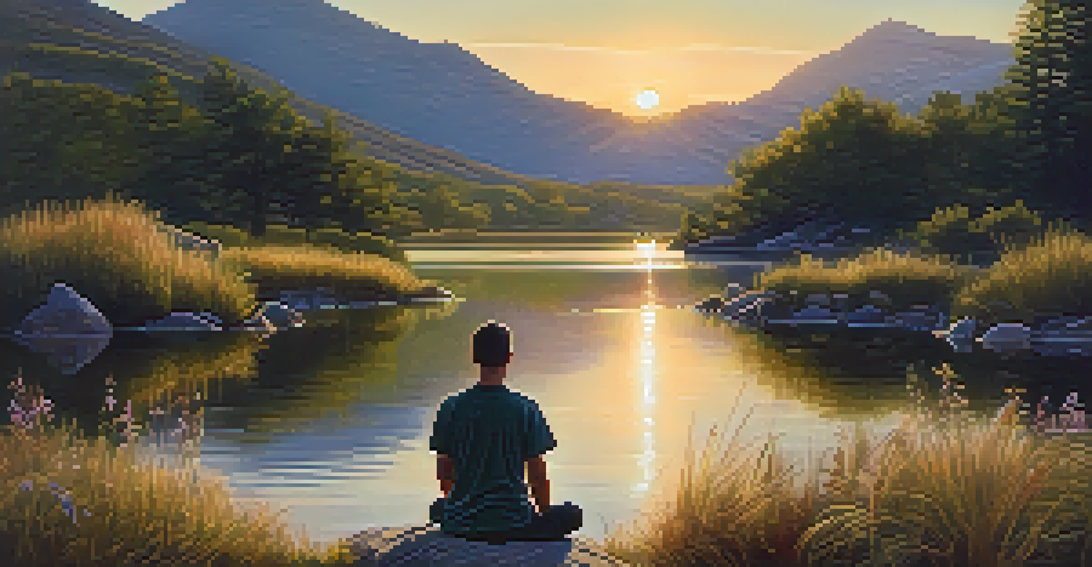 A person meditating by a calm lake during sunset, surrounded by nature's beauty and tranquility.