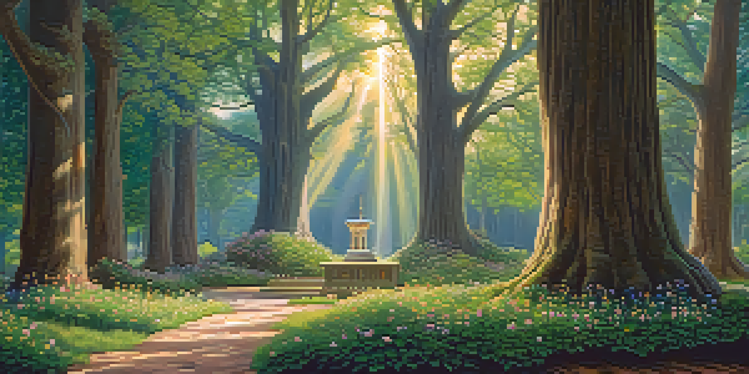 A tranquil grove with ancient trees and a small altar surrounded by flowers and candles, illuminated by soft sunlight.