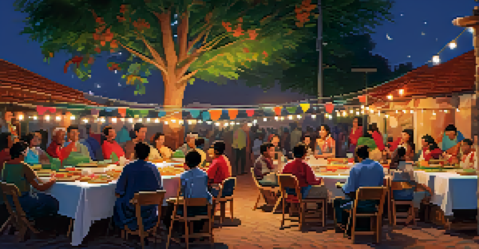 A lively cultural festival with community members sharing stories and traditional meals, filled with joy and colorful decorations.