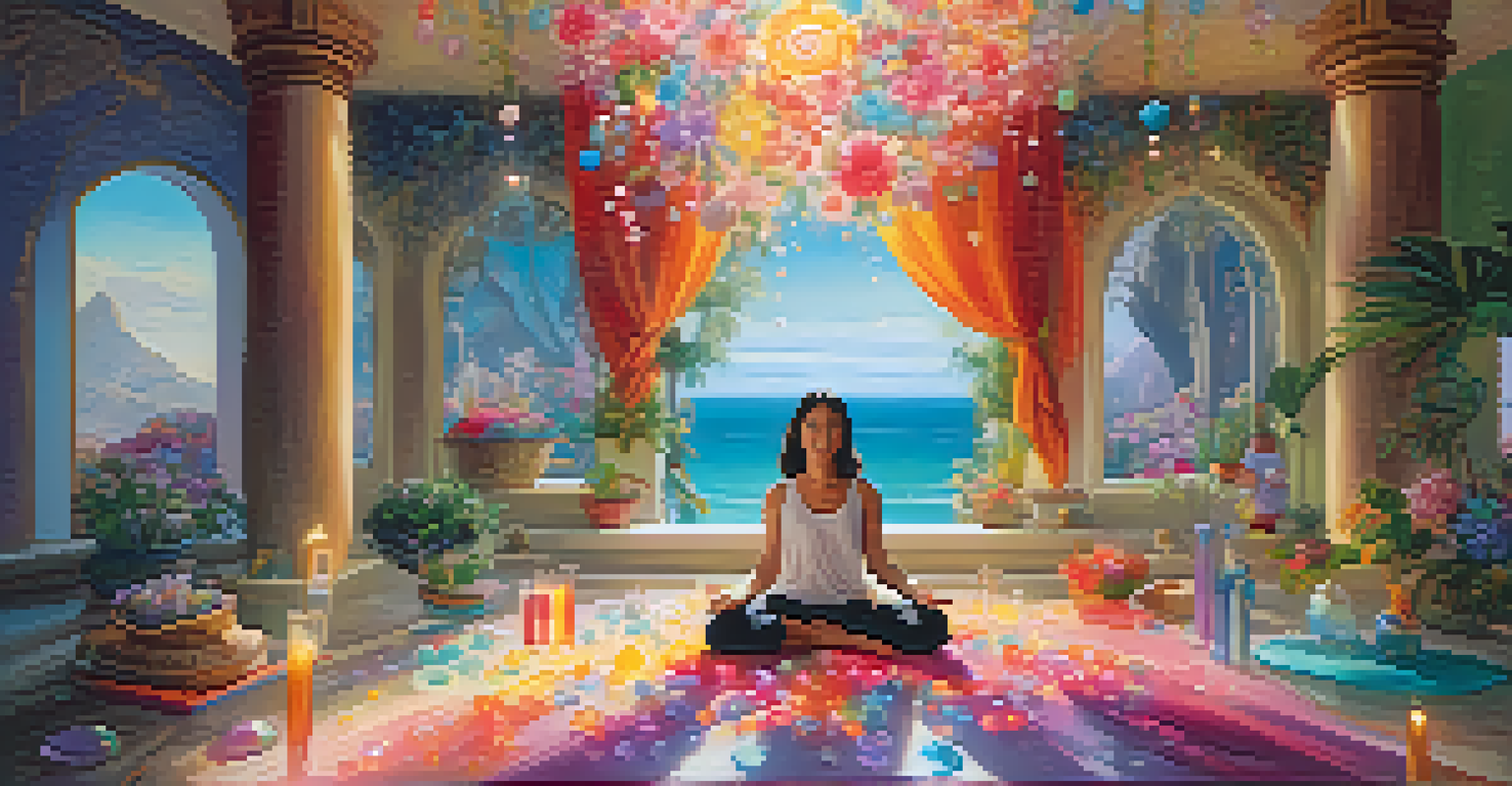 A colorful meditation space with a whimsical altar, featuring crystals, flowers, and a person meditating amidst floating bubbles of light.