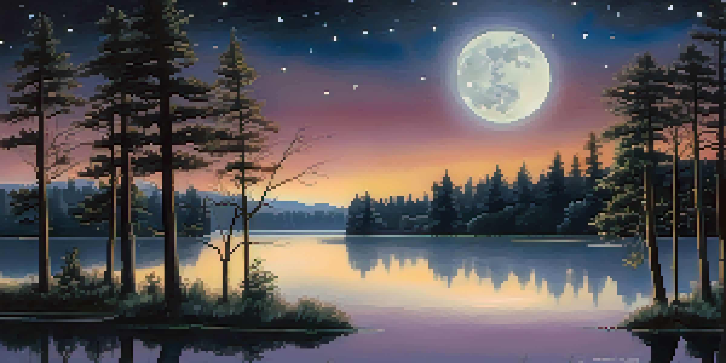 A tranquil night scene with a bright full moon and twinkling stars reflected in a calm lake, framed by silhouetted trees.