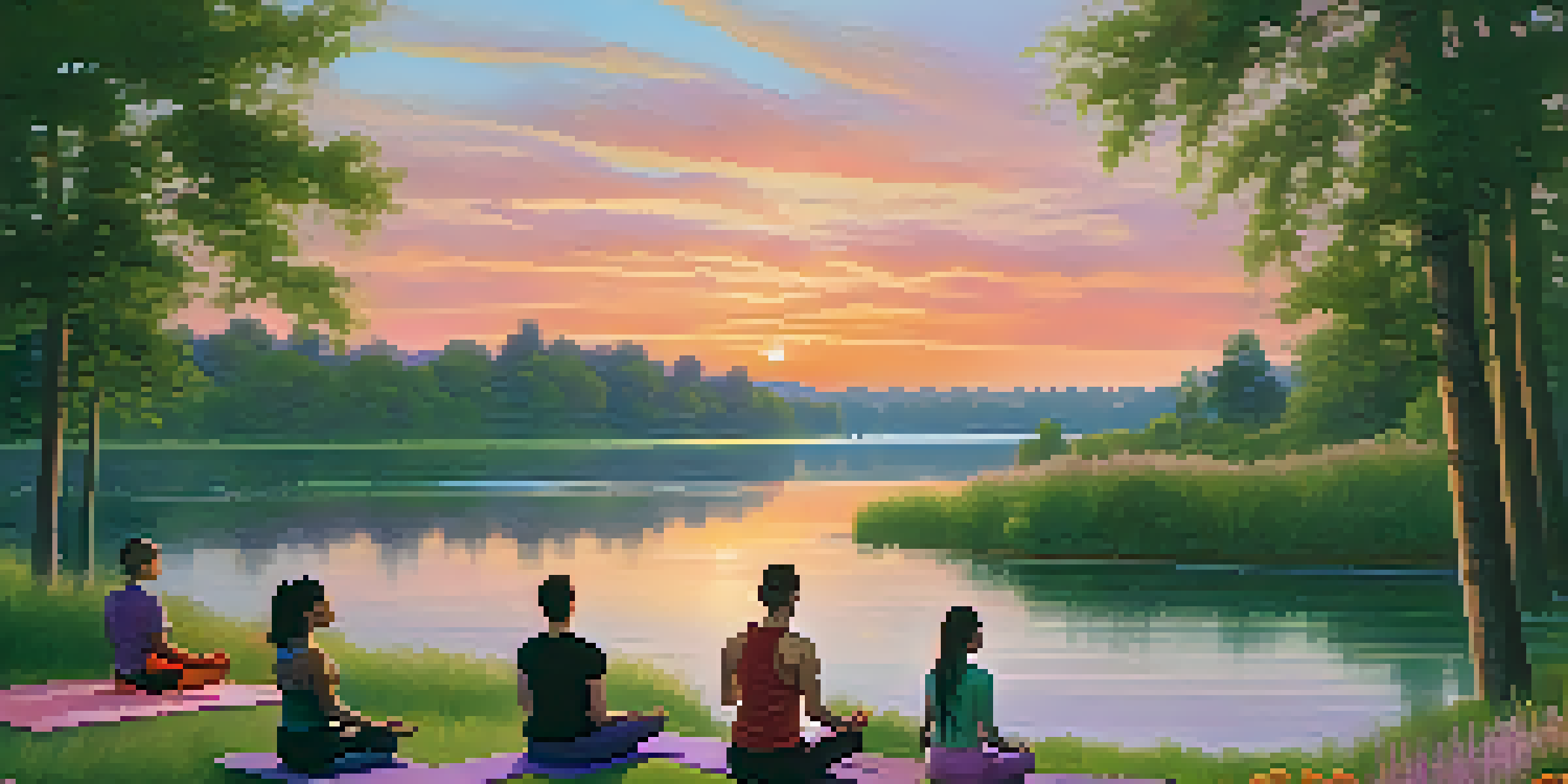 A peaceful lake at sunset with people practicing yoga on the shore surrounded by flowers and greenery.