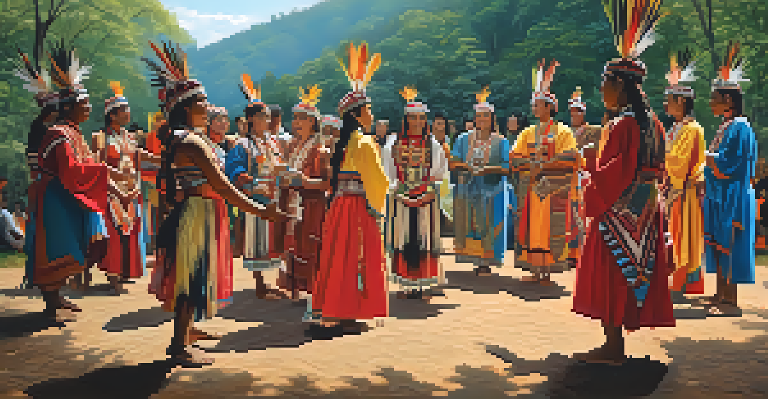 An outdoor Indigenous ceremony with dancers in traditional regalia surrounded by a lush forest, bathed in soft light.