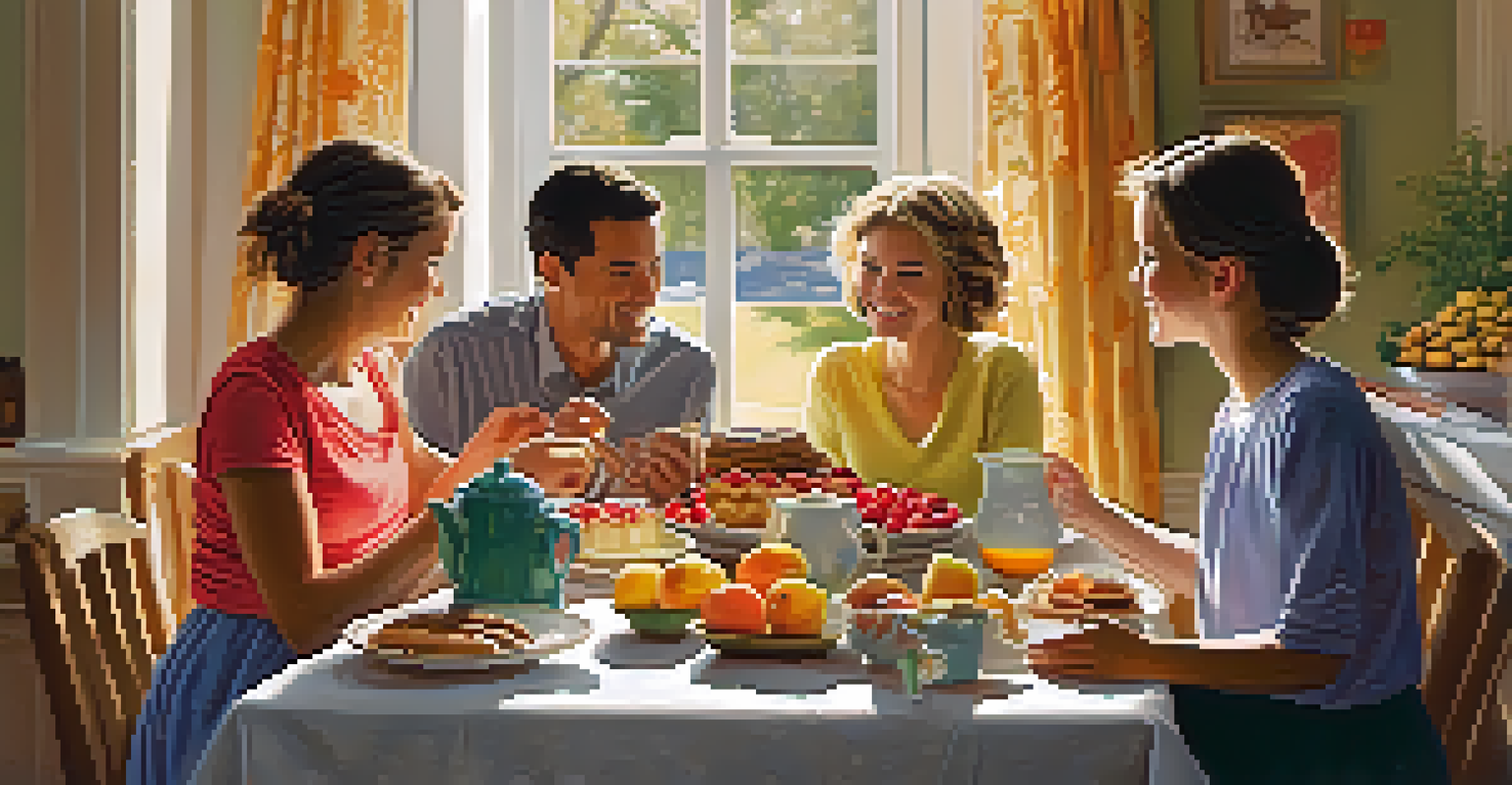 A family enjoying breakfast together at a sunlit kitchen table, filled with fruits and pastries.