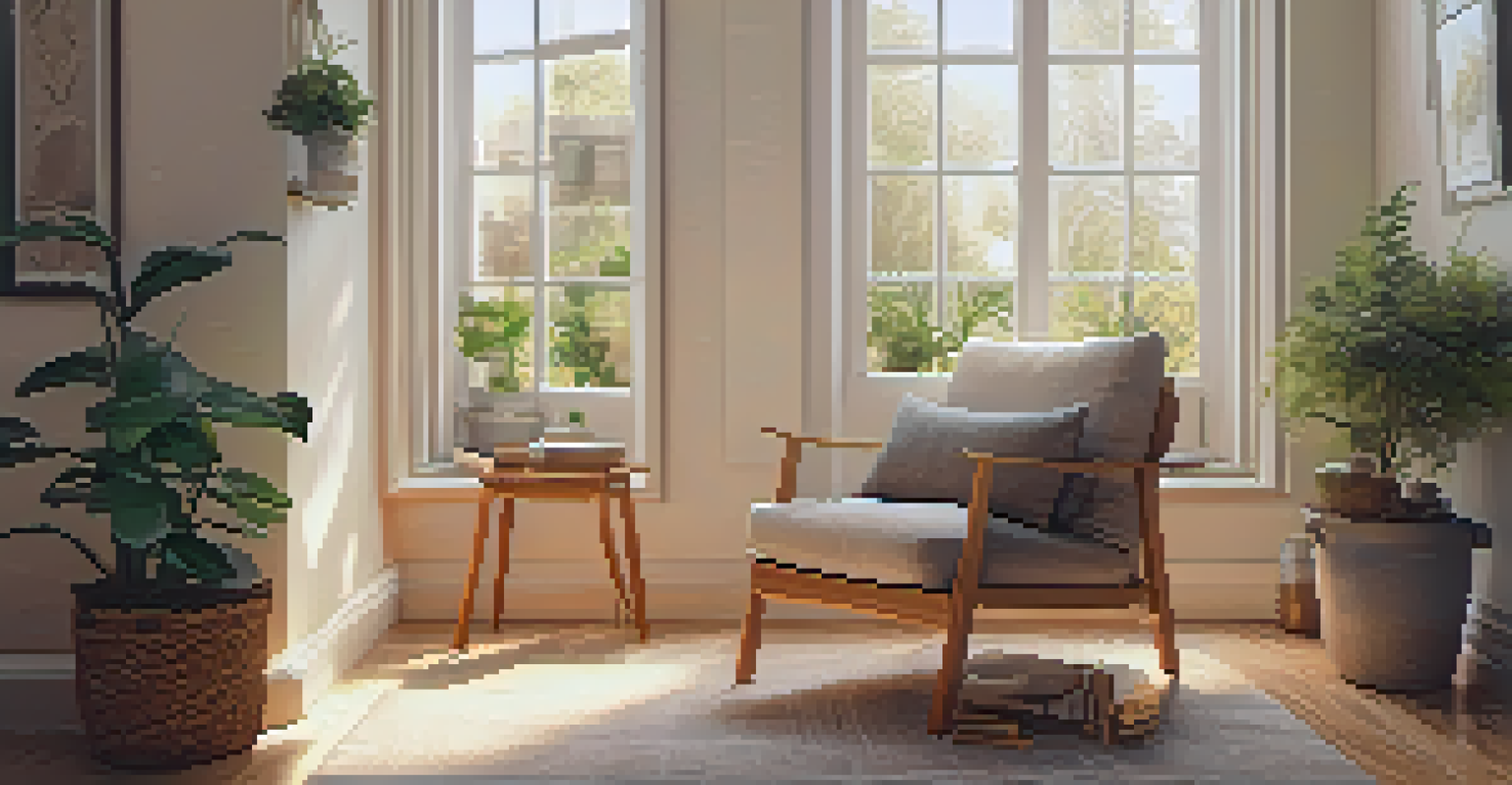 A cozy mindfulness practice corner with a comfortable chair, a cup of tea, soft pillows, and calming decor.